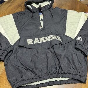 Vintage Starter NFL Oakland Raiders Jacket Quarter 1/4 Zip Hooded Pullover Sz L